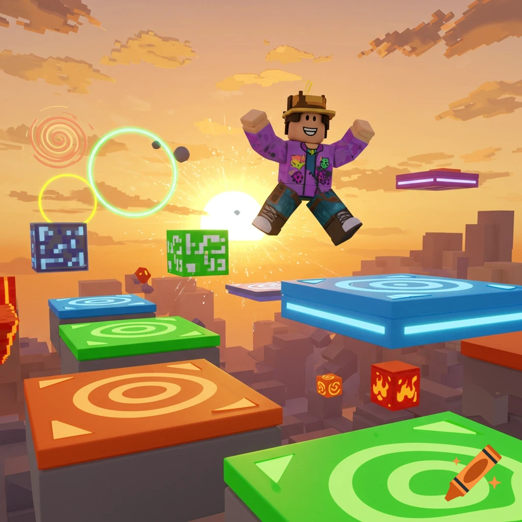 A Roblox character in a purple jacket jumps across colorful floating blocks in an obby at sunset, with pixelated mountains in the background.