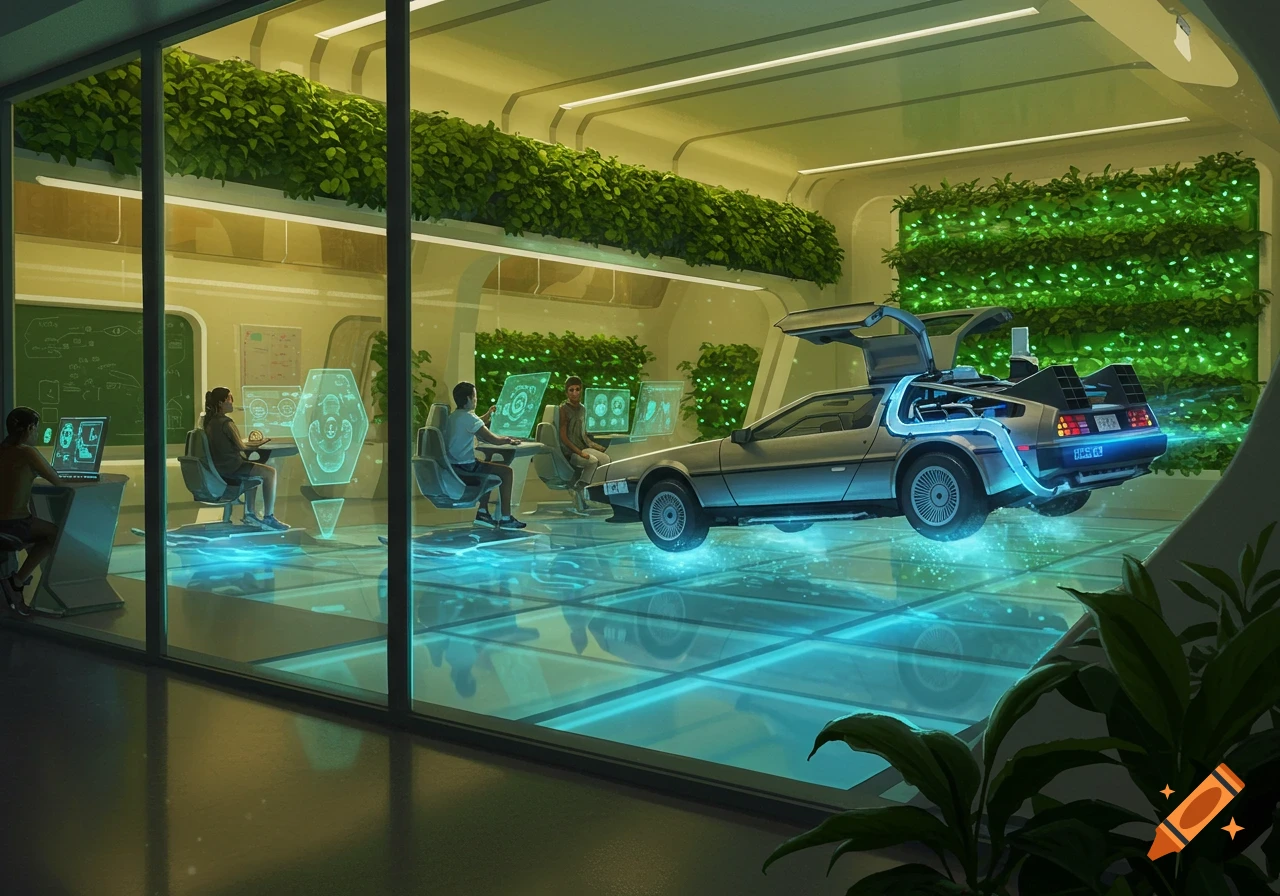 A DeLorean floats in a futuristic classroom with people at holographic desks and green living walls.