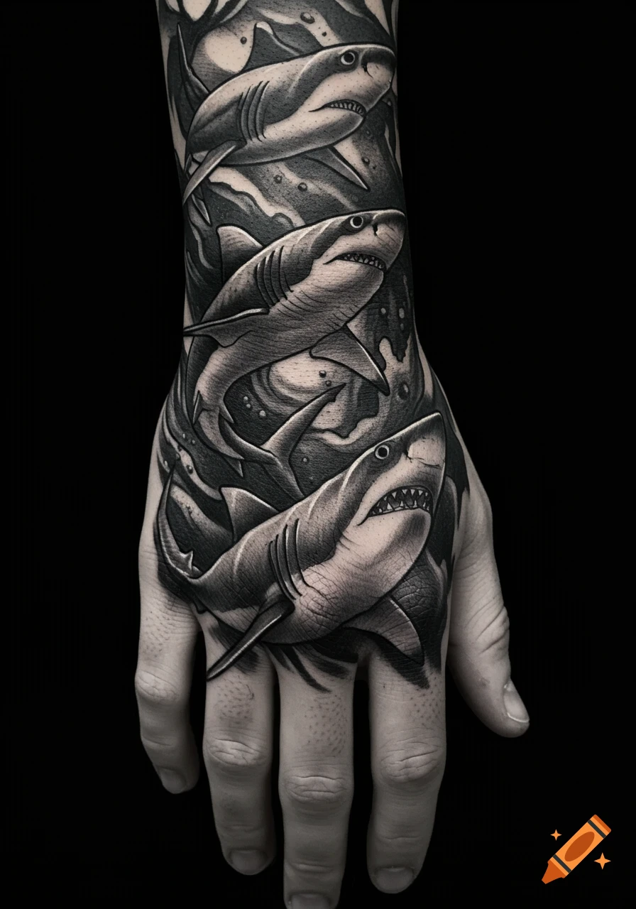 A black and white tattoo of three sharks swimming amidst waves, covering a person's hand.