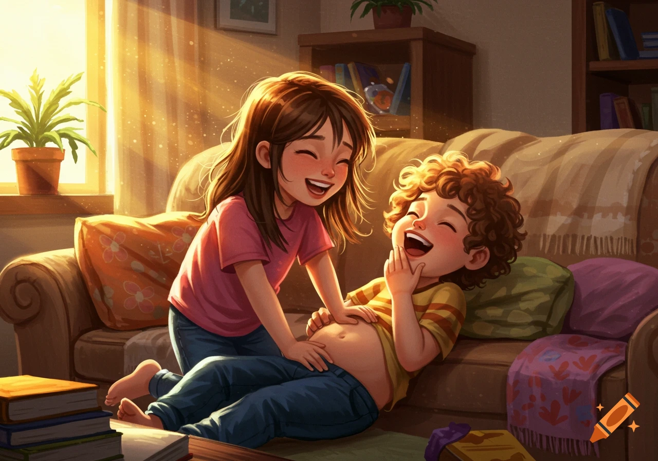 Cartoon illustration of a young girl tickling a boy on a couch, both laughing in warm sunlight.