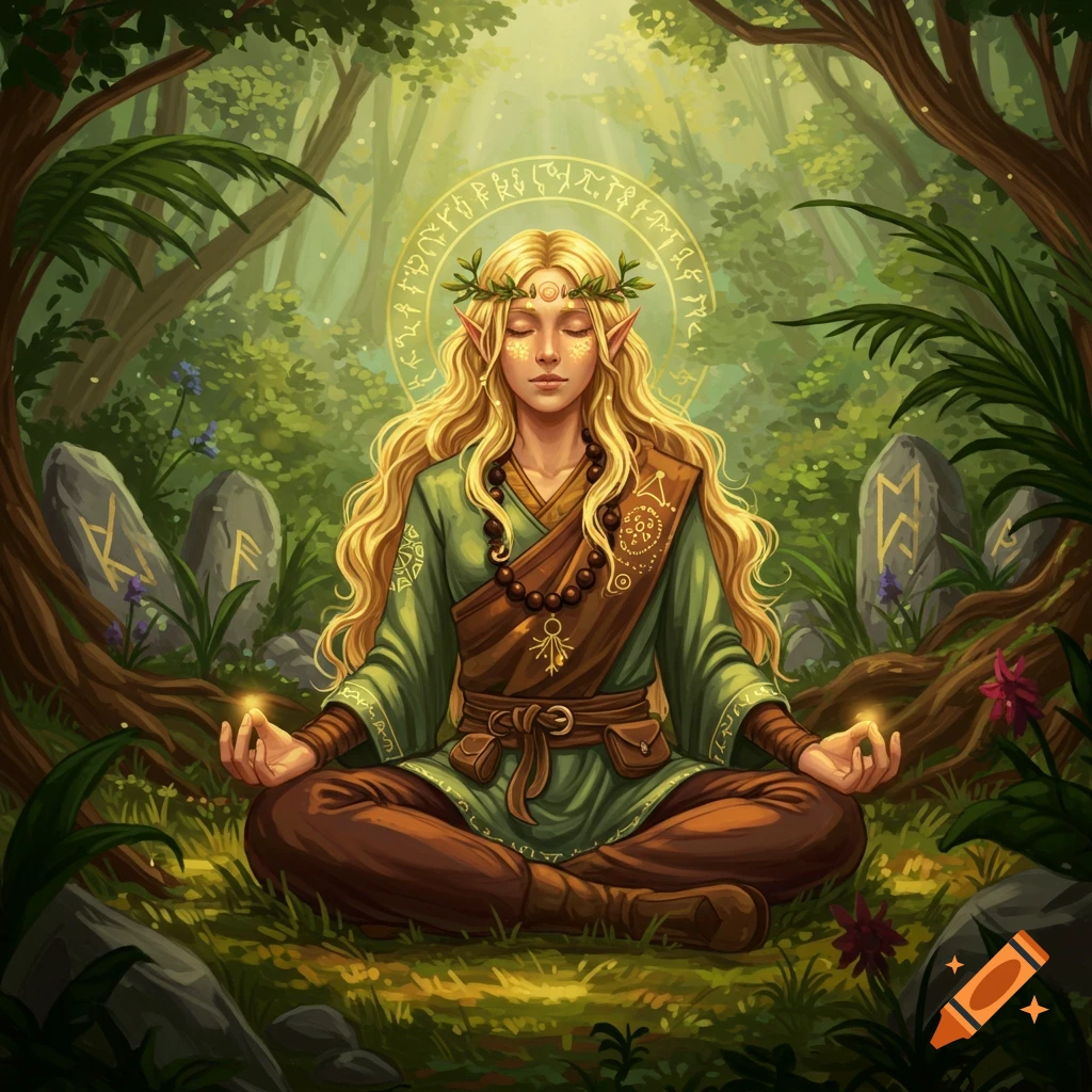 A blonde elf-like figure with pointed ears and a leaf crown meditates cross-legged in a sun-dappled forest, surrounded by ancient runestones and glowing light.