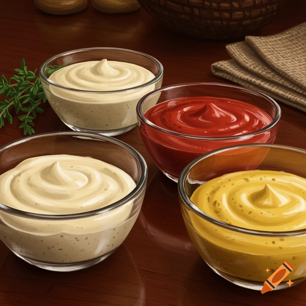 A close-up illustration of four glass bowls of white, red, and yellow sauces on a wooden table.