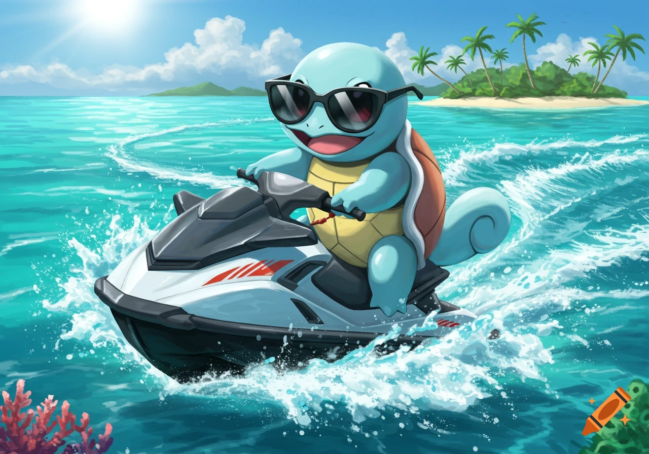 Squirtle wearing sunglasses rides a jet ski across a blue ocean with an island in the background, illustrated in a cartoon style.