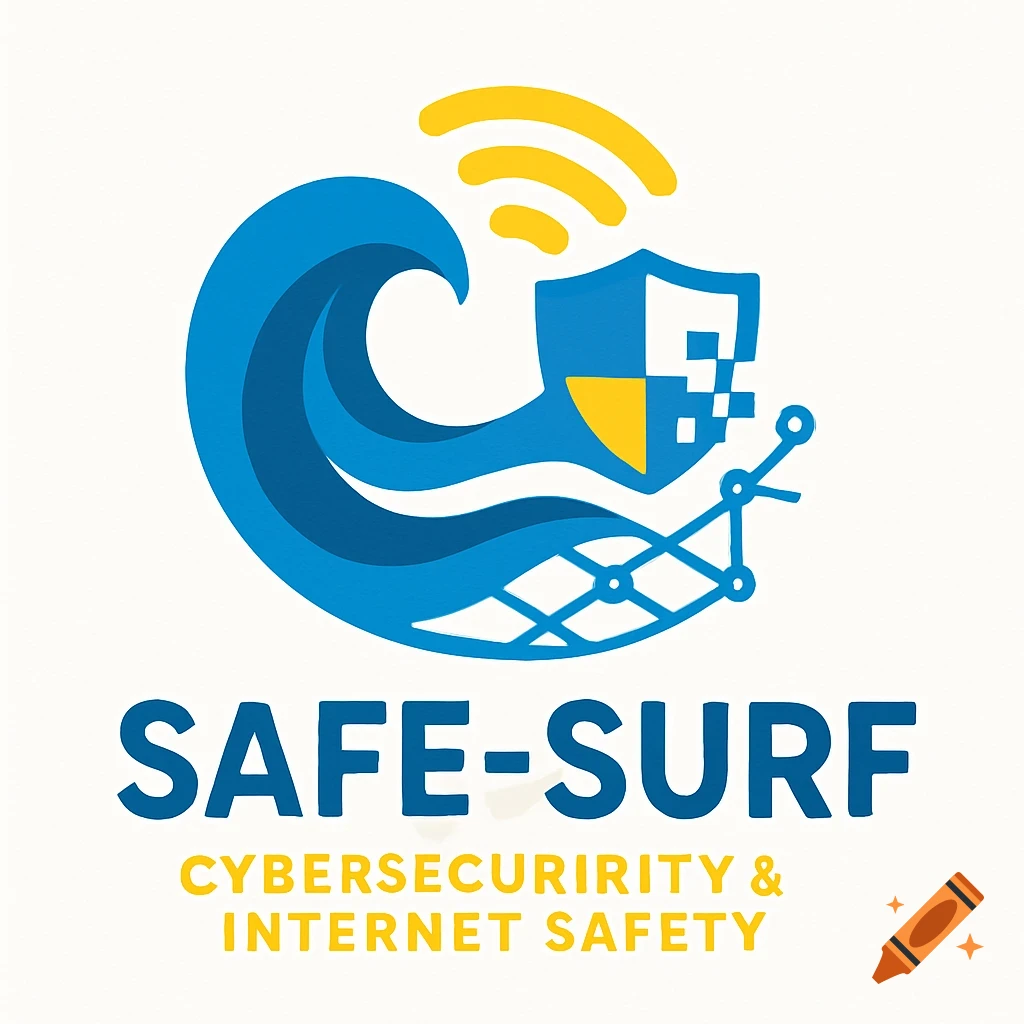A colorful logo featuring a blue wave, a shield with digital pixels, and yellow Wi-Fi signals. Text reads 'SAFE-SURF' and 'CYBERSECURIRITY & INTERNET SAFETY'.