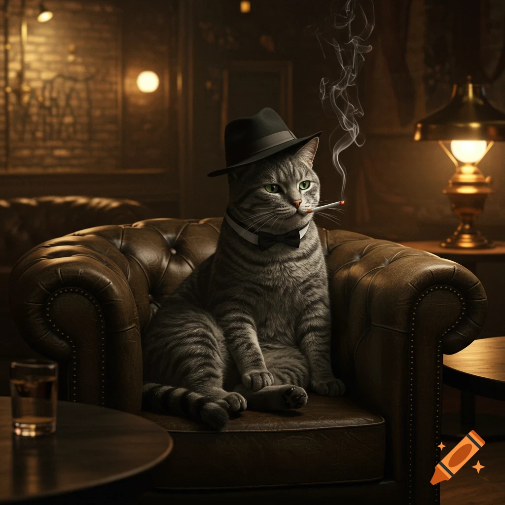 Photorealistic image of a grey tabby cat wearing a fedora and bow tie, sitting in a leather armchair, smoking a cigarette in a dimly lit room.