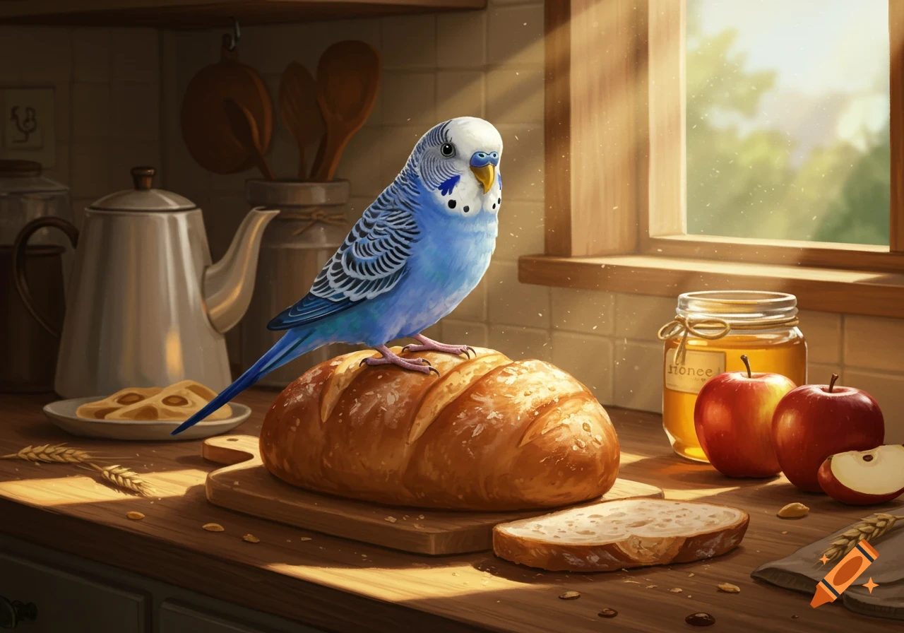 A blue budgie bird perched on a loaf of bread on a kitchen counter with apples and a jar of honey in sunlight.