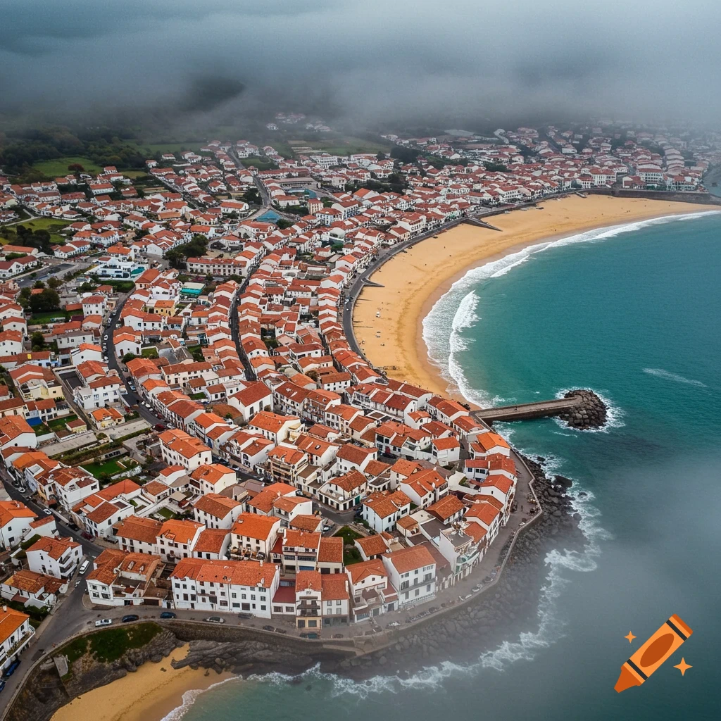 Aerial view of a small coastal town with white buildings and red roofs curving along a sandy beach and turquoise water under a cloudy sky.