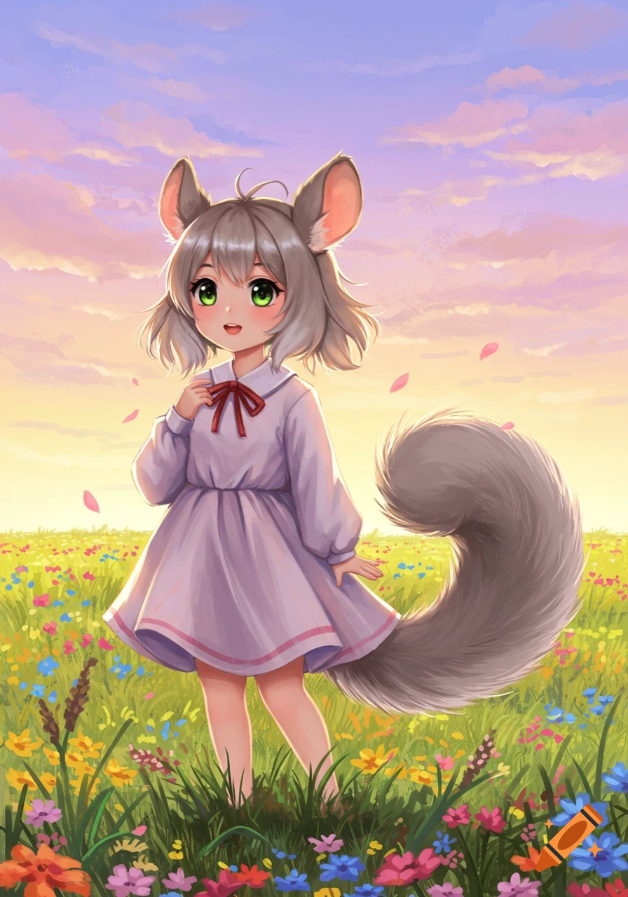 An anime girl with chinchilla ears and a fluffy tail stands in a vibrant field of colorful wildflowers under a bright, cloud-streaked sunset sky.