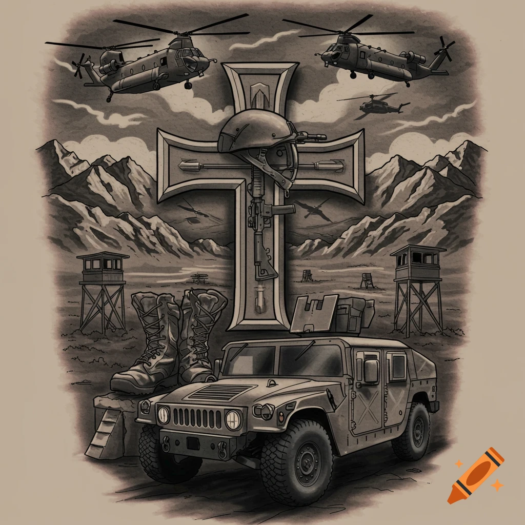 Grayscale tattoo style illustration of military equipment: helicopters, Humvee, boots, helmet, rifle, cross, mountains, guard towers.
