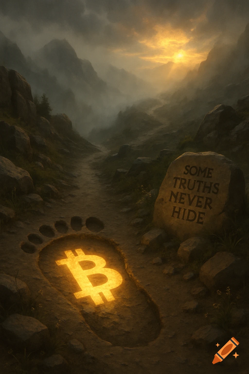 Misty mountain trail at dawn with a glowing Bitcoin symbol in a Bigfoot footprint and 'Some Truths Never Hide' carved in stone.