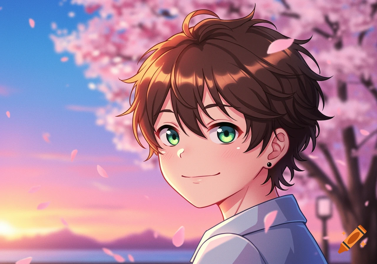 Anime portrait of a smiling young man with brown hair and green eyes, with pink cherry blossoms in the background at sunset.