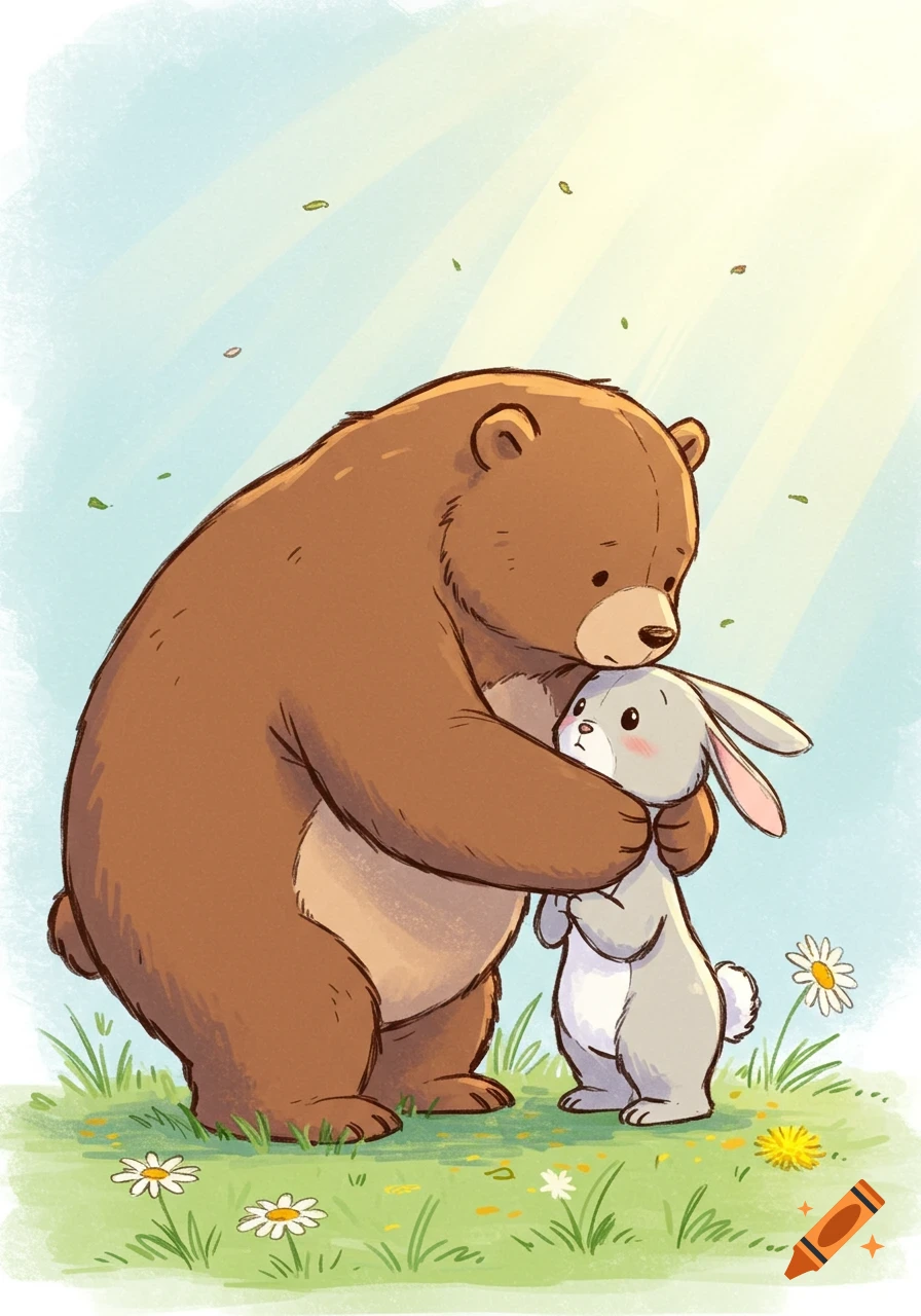 Brown cartoon bear hugging a grey bunny in a grassy field with daisies and dandelions under sunlight.