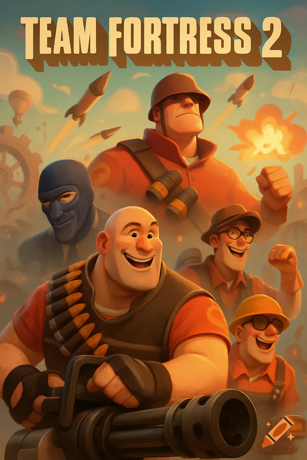 Team Fortress 2 video game characters in a vibrant, stylized movie poster, with explosions and rockets in the background.