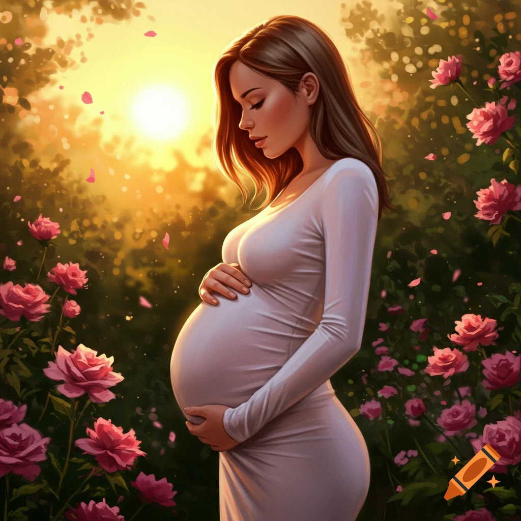 A pregnant woman in a white dress cradles her belly, standing in a rose garden at sunset.