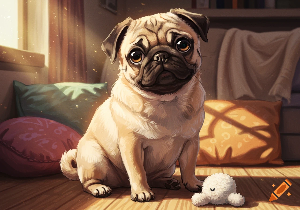 An illustrative depiction of a cute pug sitting on a wooden floor in a sunlit room with pillows and a white toy.