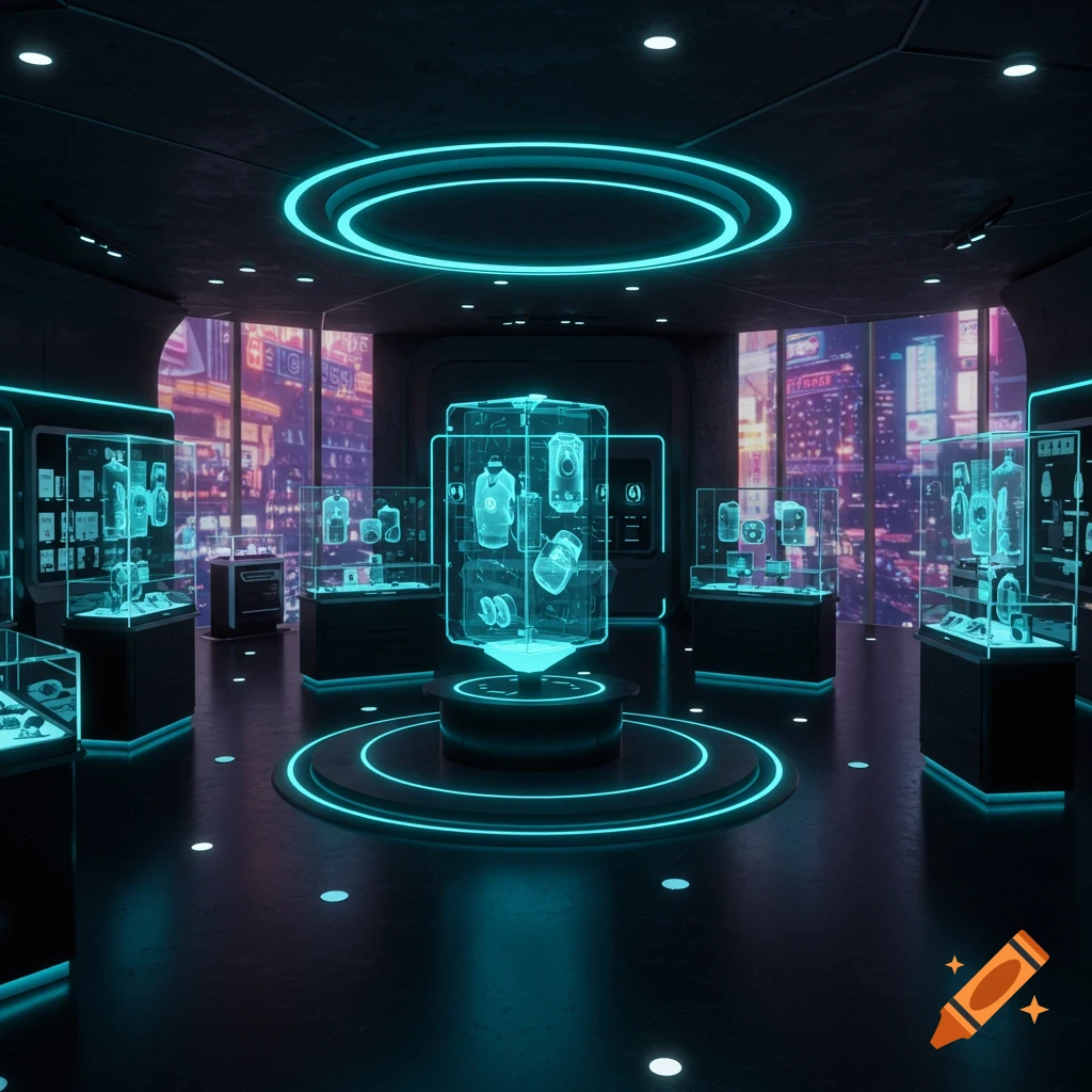 A photorealistic futuristic gift shop with neon turquoise and black hues, featuring a central hologram platform displaying various products.