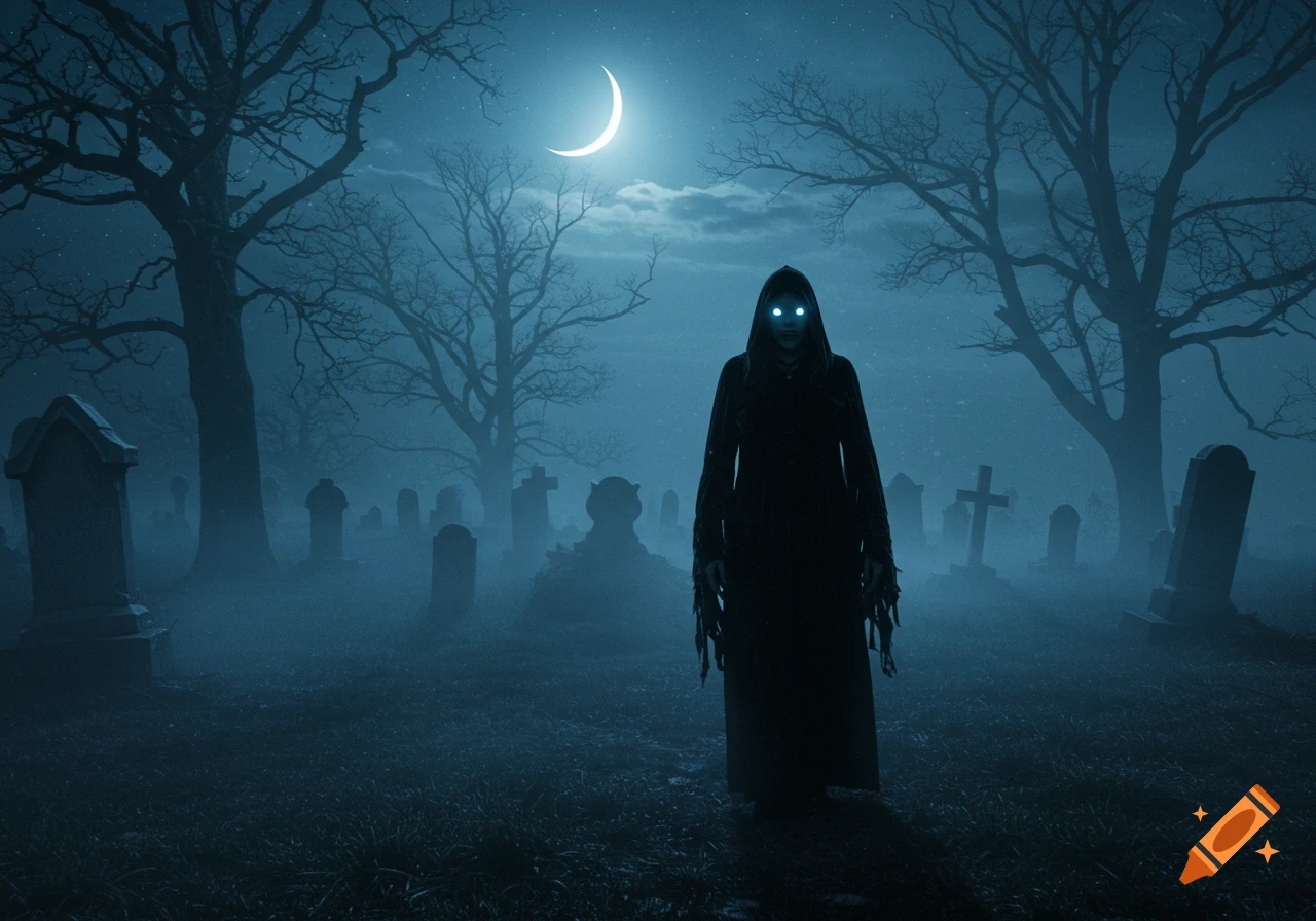 A hooded figure with glowing eyes stands in a misty graveyard under a crescent moon.