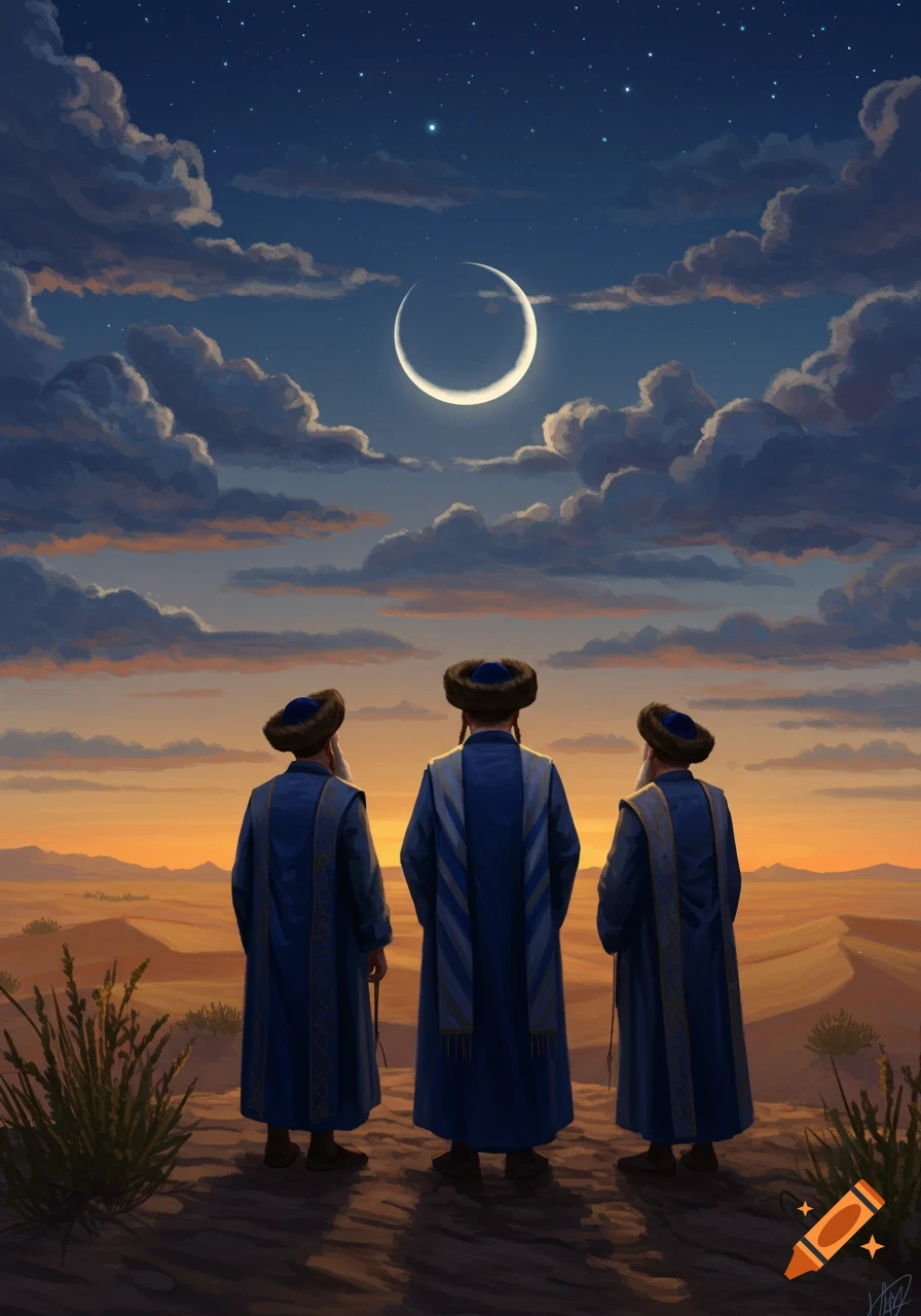 Three robed men stand on a desert hill looking up at a crescent moon and starry night sky.