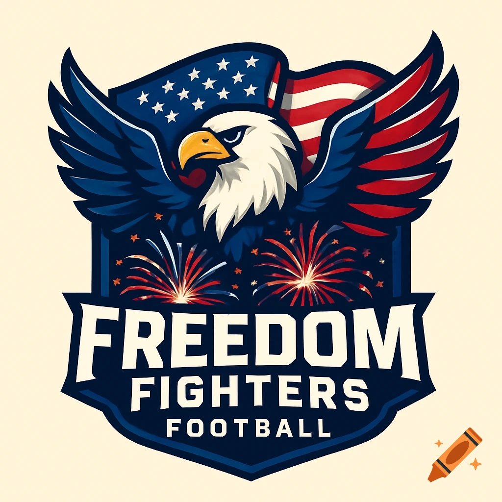 A bold, patriotic logo for 'Freedom Fighters Football' featuring an eagle, American flag, and fireworks.