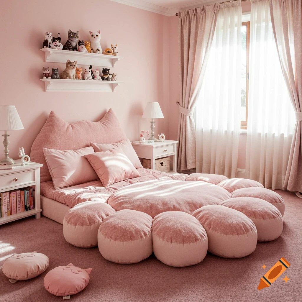 A soft pink bedroom featuring a large cat-paw shaped bed, adorned with shelves of cat plushies and figurines, creating a whimsical and cozy atmosphere.