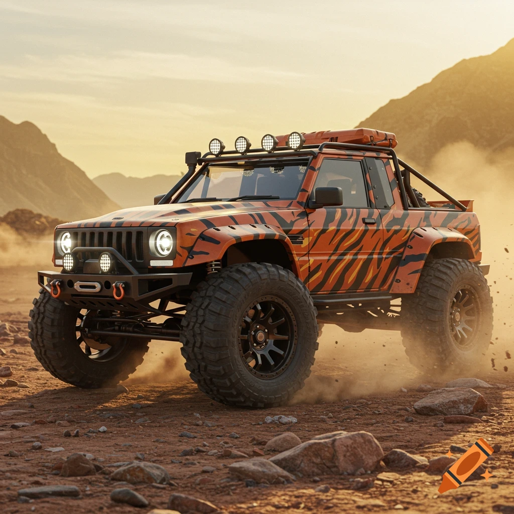 An orange and black tiger-striped offroad truck kicks up dust in a desert landscape at sunset.