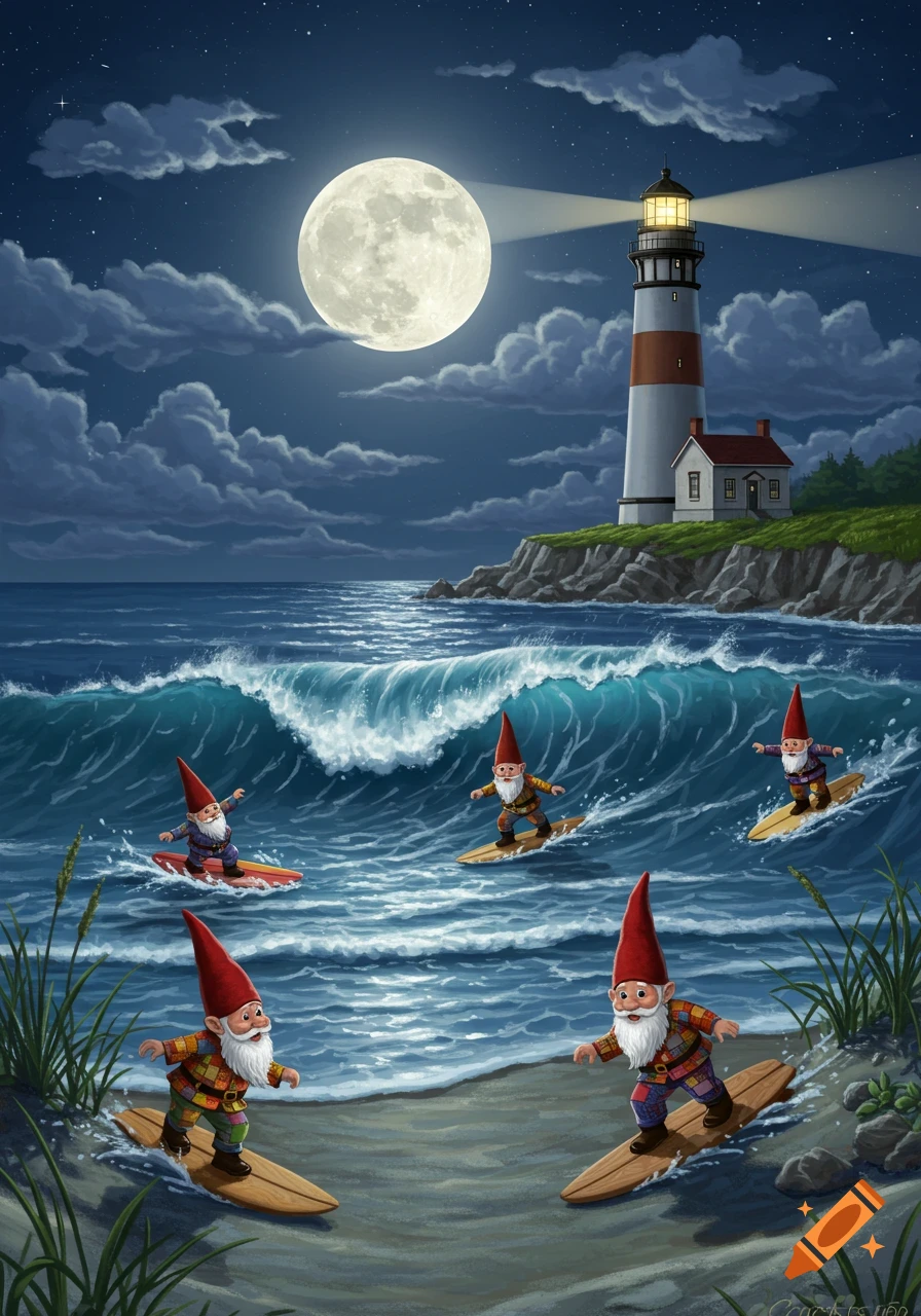 Gnomes surf on ocean waves under a full moon with a lighthouse on a cliff in the background.