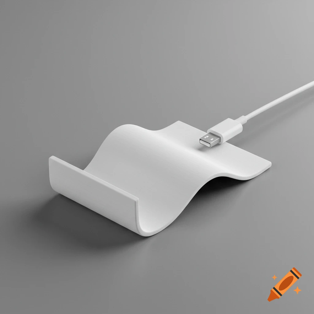 A white wavy desktop accessory with a USB charging cable on a grey background.