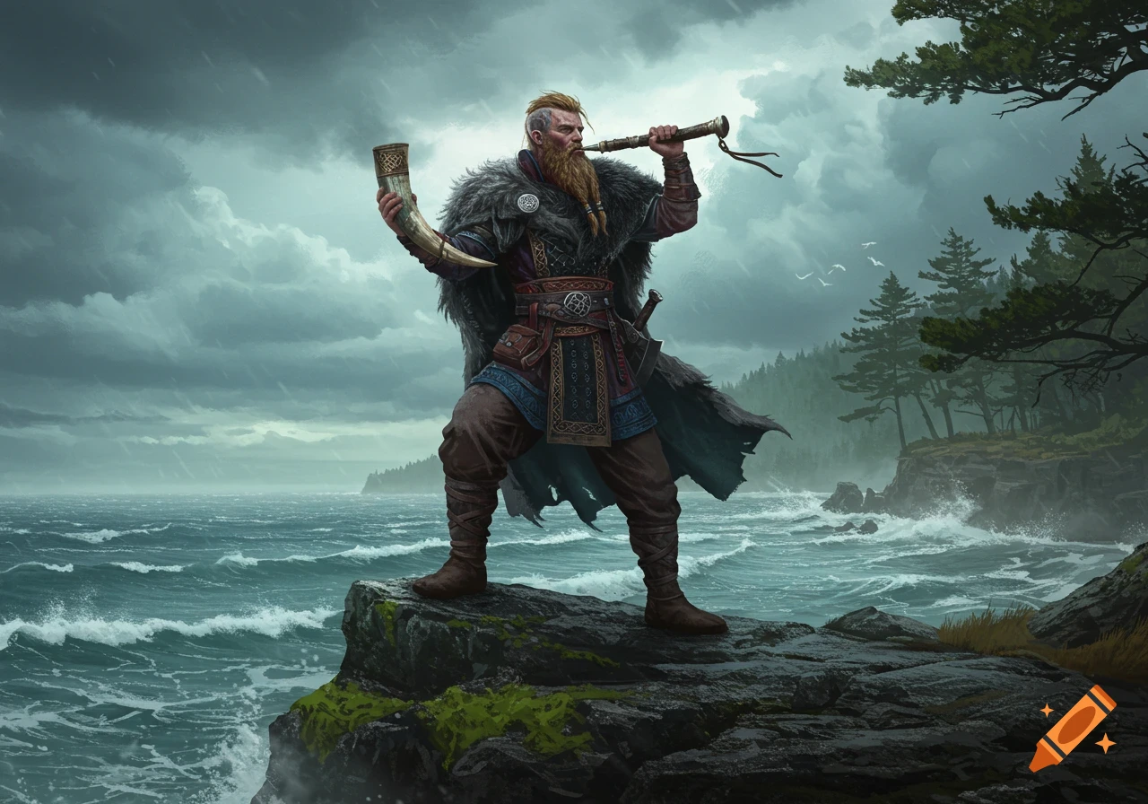 A bearded Viking warrior stands on a stormy cliff overlooking the sea, blowing a horn.