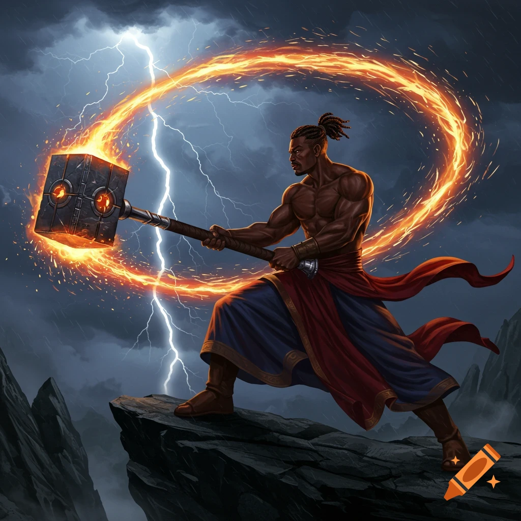A powerful dark-skinned man wields a fiery hammer on a rocky cliff under a stormy sky with lightning.