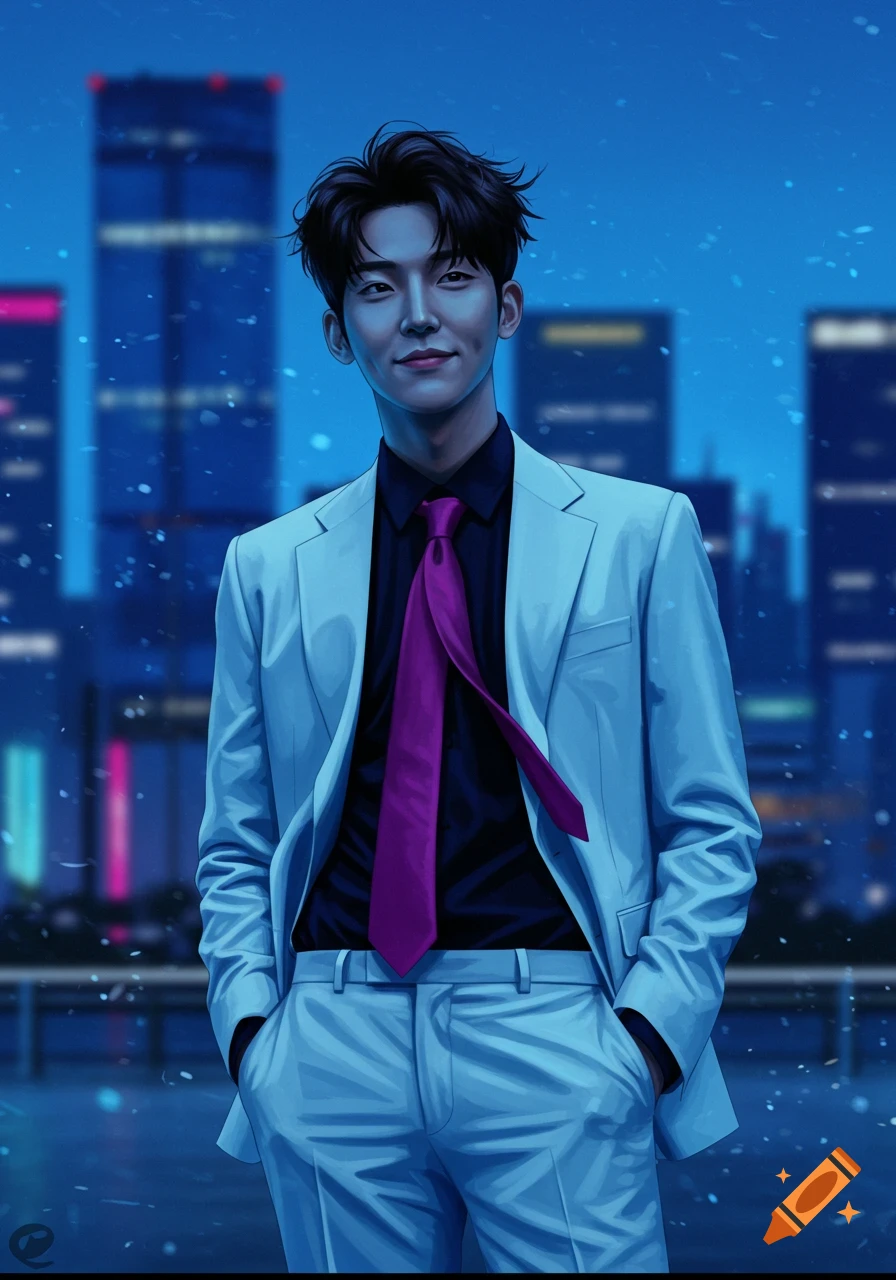 Digital illustration of Woo Jin-Chul in a light blue suit and magenta tie against a dark city background.