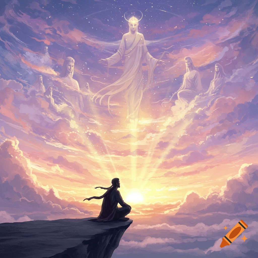A man meditates on a cliff, silhouetted against a vibrant sunset sky, looking up at glowing ethereal figures in the clouds.