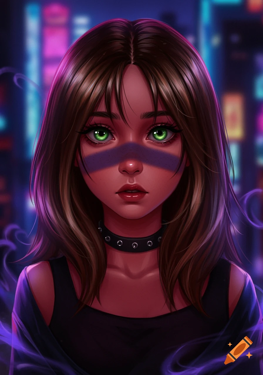 Stylized portrait of a young girl with brown hair, green eyes, red-toned skin, and a purple stripe across her face, set against a blurred neon city background with purple smoke.