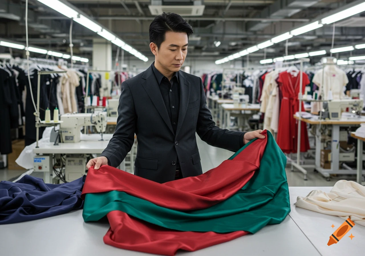 A man in a suit inspects red and green fabric samples on a table in a garment factory with sewing machines and clothing racks.