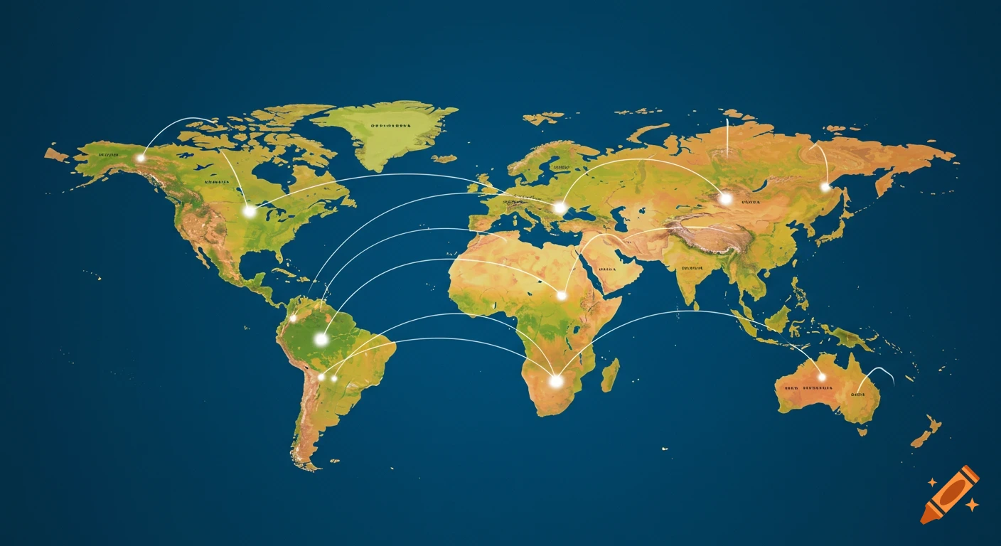 A digital world map with white lines connecting various countries and continents, indicating global connections.