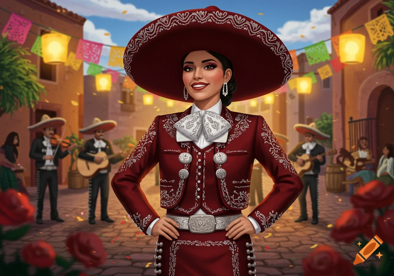 An illustrated woman in a traditional red mariachi outfit stands confidently on a festive street with other musicians and colorful decorations.