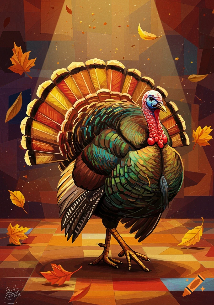 A colorful turkey in Picasso style stands on a geometric floor with autumn leaves falling around it, under a spotlight.