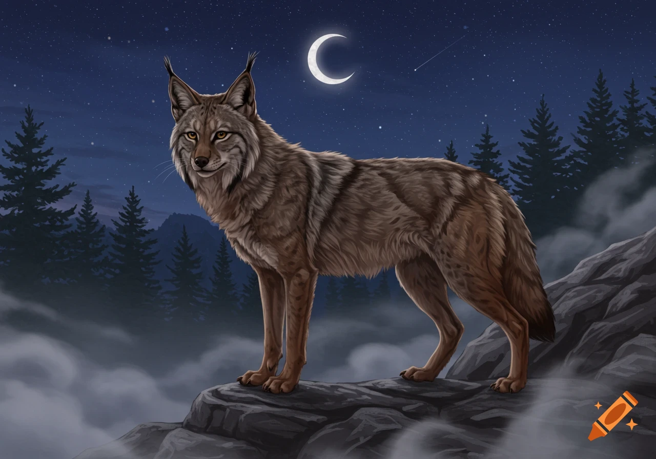 A lynx-like animal stands on a rocky ledge at night under a crescent moon, with pine trees and mist in the background.
