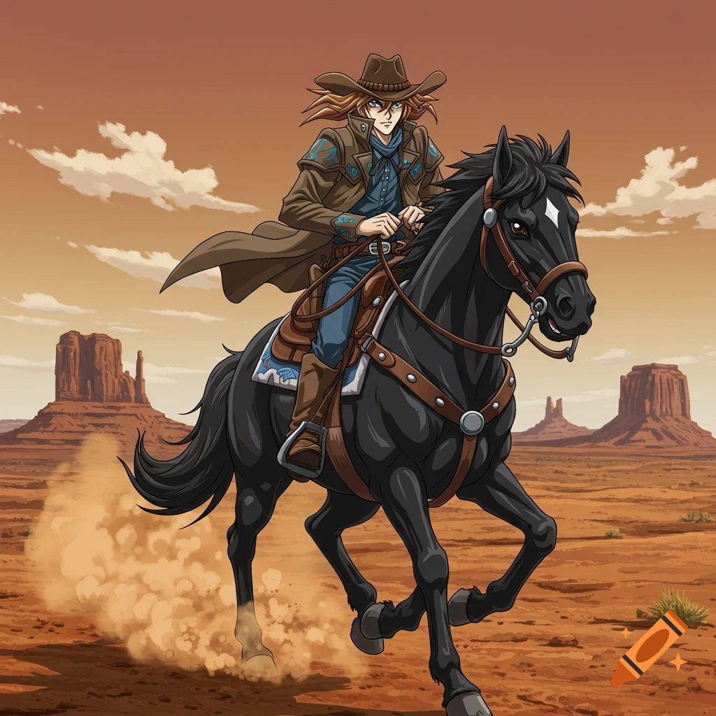 A cowboy riding a black horse through a desert with mesas in the background, in an anime style.