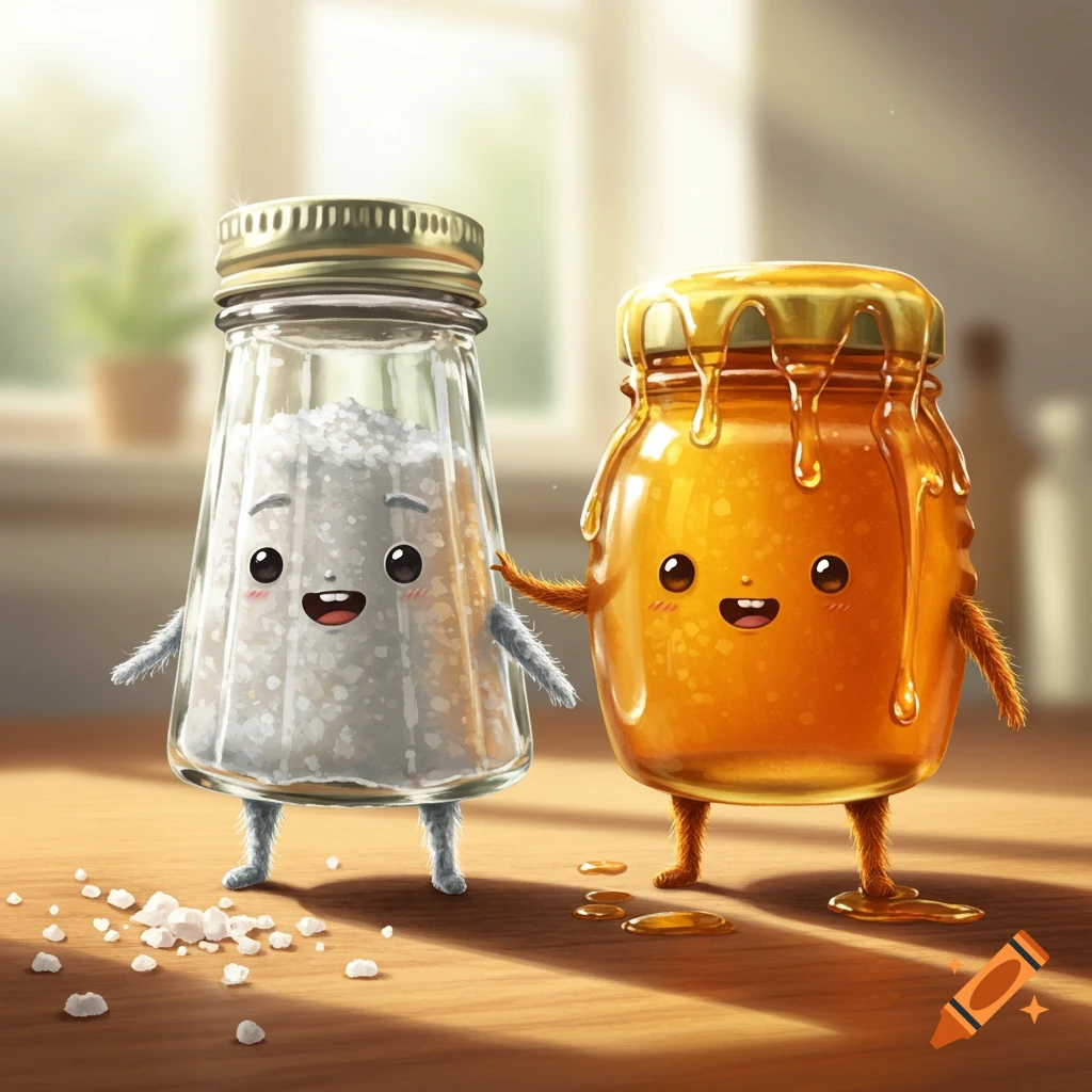 A cartoon salt shaker and honey jar with cute faces and hairy legs stand on a wooden table.
