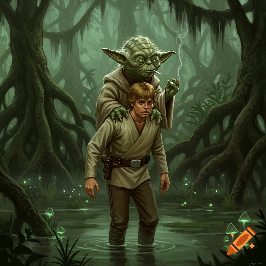 Luke Skywalker carries Yoda, who smokes a cigarette, through a dark, misty swamp with glowing mushrooms, in a painterly style.