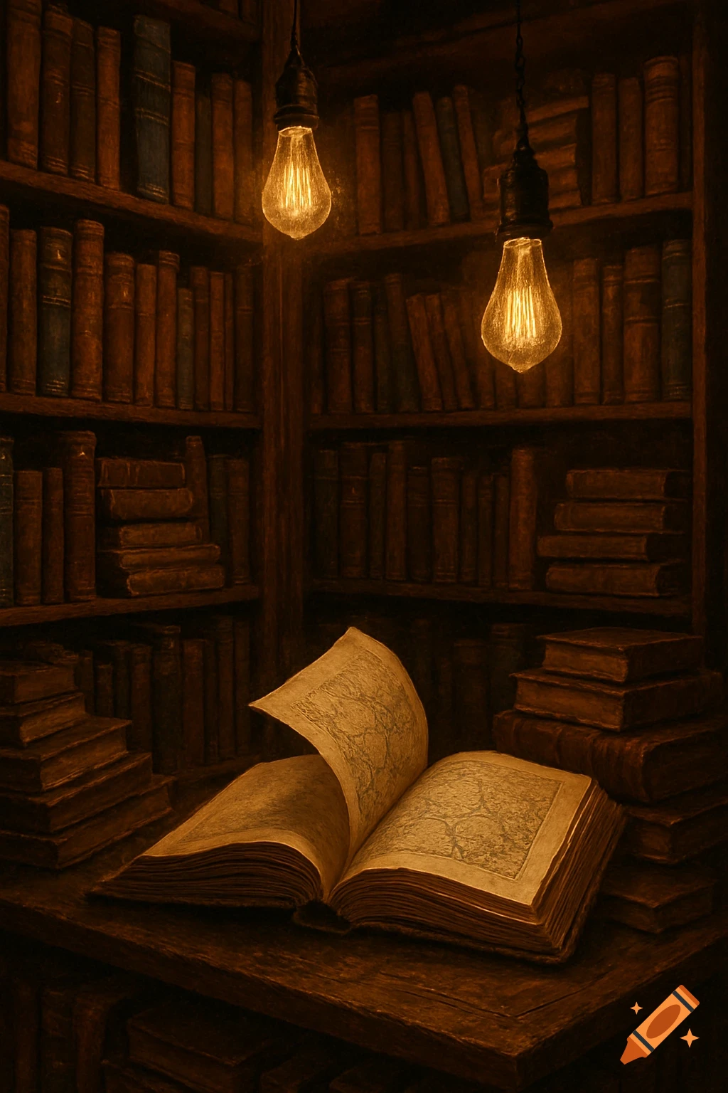 A dimly lit old library with an open book on a wooden desk and two glowing Edison bulbs illuminating the scene.