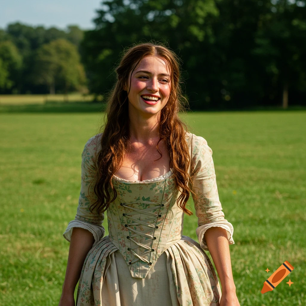An attractive 18th-century woman with long, wavy hair, wearing a floral traditional dress, smiling broadly in a sunny green meadow.