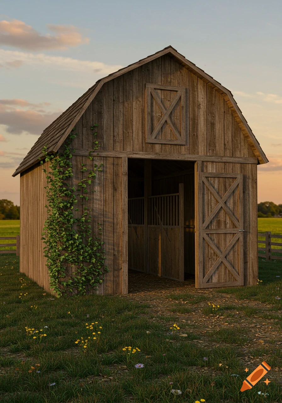 A photorealistic image of a small wooden barn with an open door, set in a grassy field with wildflowers under a sunset sky.