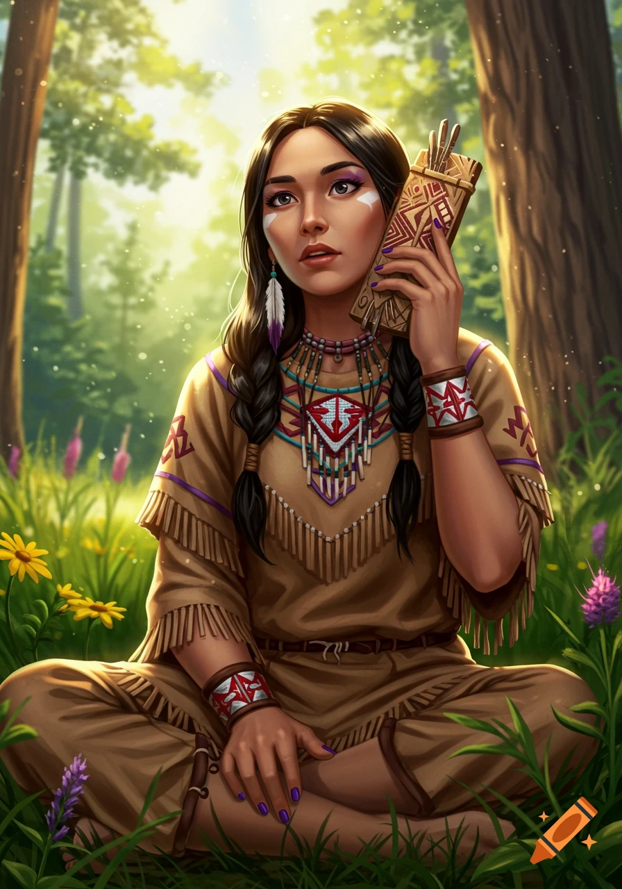 A young woman in traditional Indigenous clothing sits cross-legged in a sunlit forest, holding an ornate object to her ear.