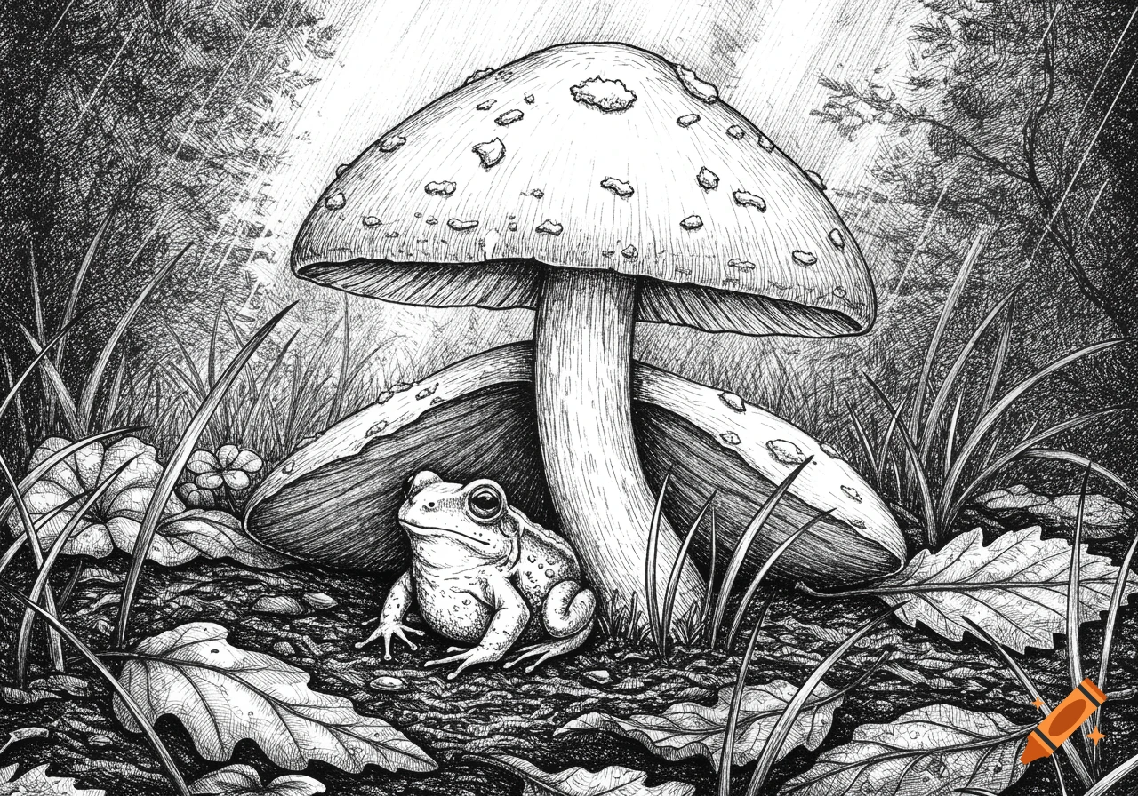 A tiny frog rests under a large mushroom in a detailed black and white fineline drawing, surrounded by forest foliage.