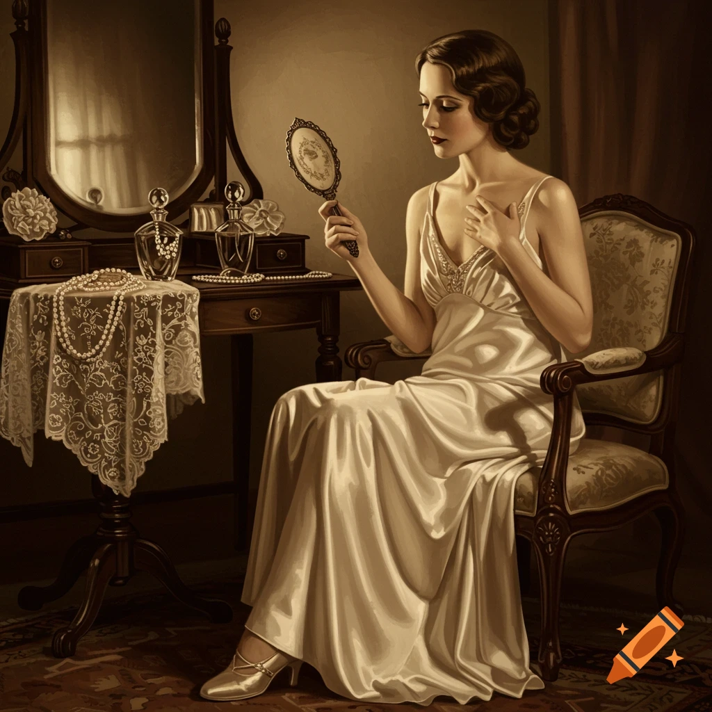 A woman in a white 1930s dress sits at a vanity table, holding a hand mirror in a sepia-toned vintage portrait.