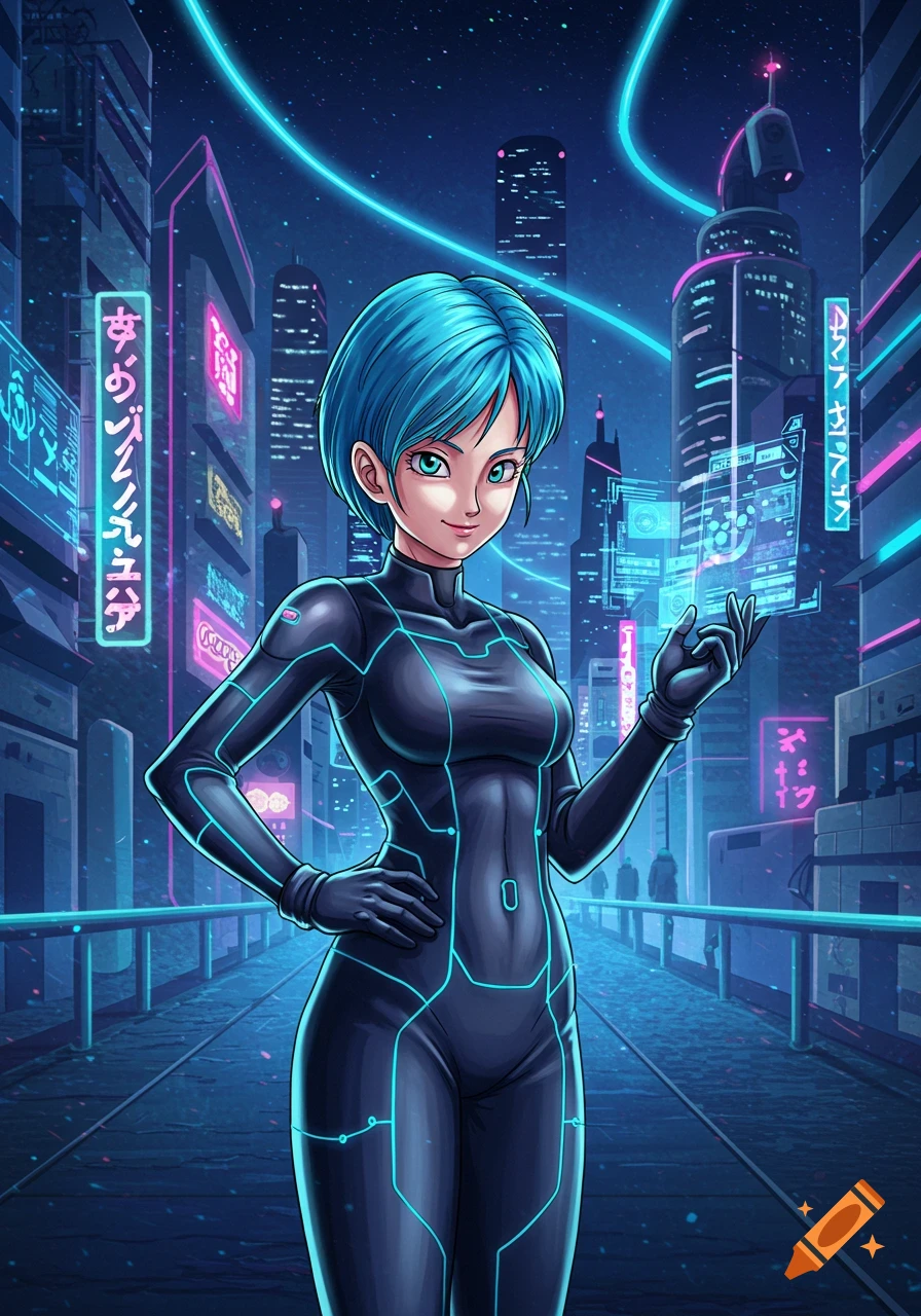 Anime illustration of a woman with blue hair in a black futuristic suit with glowing blue lines, standing in a neon-lit cyberpunk city at night.