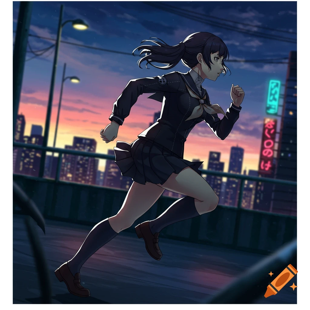 An anime girl in a dark blue school uniform with a pleated skirt runs along a bridge at dusk with city buildings in the background.