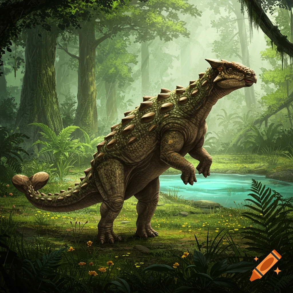 A detailed Ankylosaurus stands on its hind legs in a lush green jungle next to a small stream.