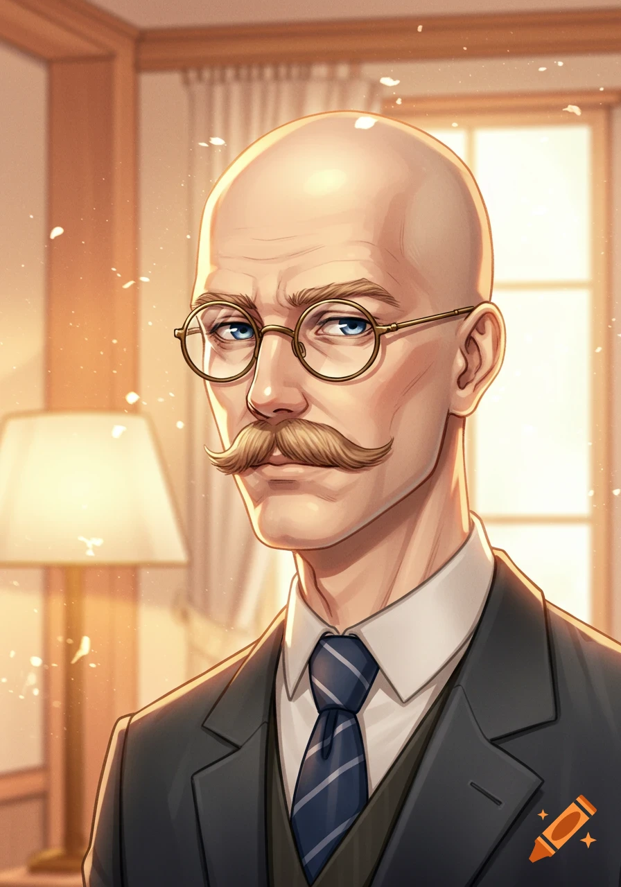 Anime-style portrait of a bald man with a mustache and round glasses wearing a suit and tie, indoors.